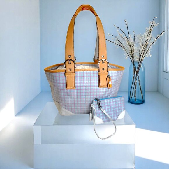 Coach Handbags - Vintage COACH Soho pastel blue plaid tote with vachetta leather & wristlet